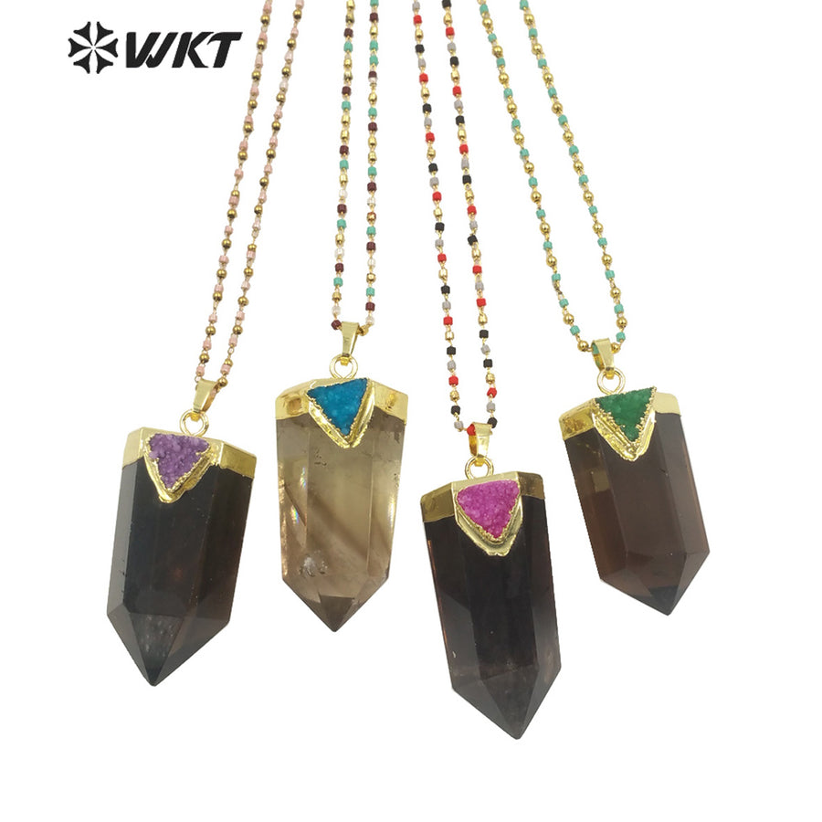 WT-N1291Wholesale Fashion Gold Plated Hexagon Quartz Point Stone Necklace Lady Populared Natural Gemstone Smoky Stone Necklace