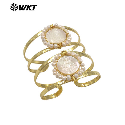 MPB132 Wholesale Religious Gold Plated Double Layers Hand Carved Shell And Pearl Adjustable Bangles As Ladies Party Present