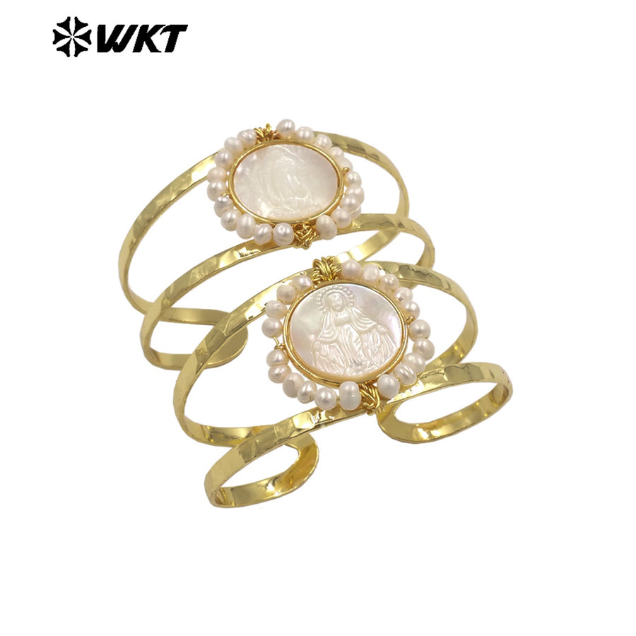 MPB132 Wholesale Religious Gold Plated Double Layers Hand Carved Shell And Pearl Adjustable Bangles As Ladies Party Present