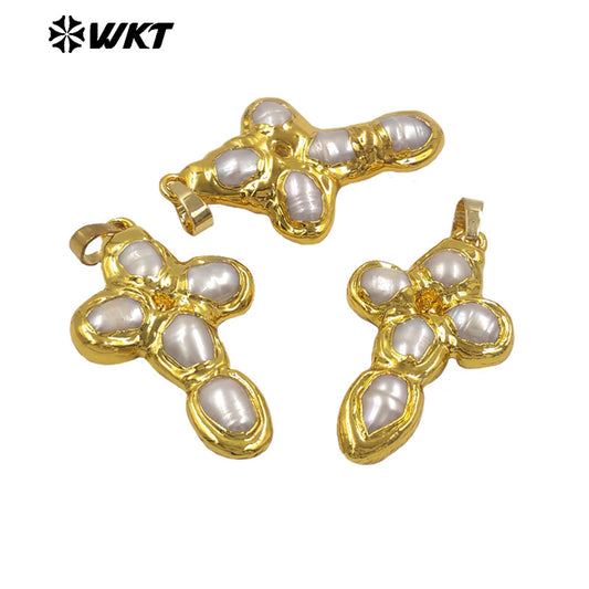 WT-JP436 Popular Sales Gold Plated Cross Shape Natural Freshwater Pearl Little Charm Pendants High Quality Boutique Accessories