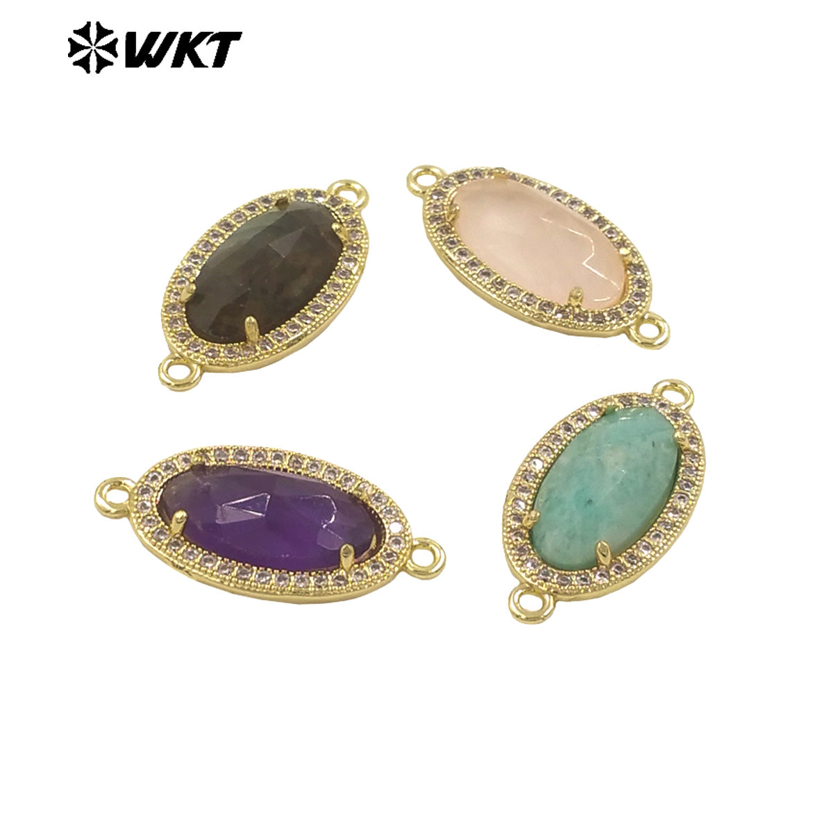 WT-C334 New Arrivals 18K Gold Plated Small Zircon Oval Multicolored Gemstone Necklace Pendant Connector Jewelry Accessories