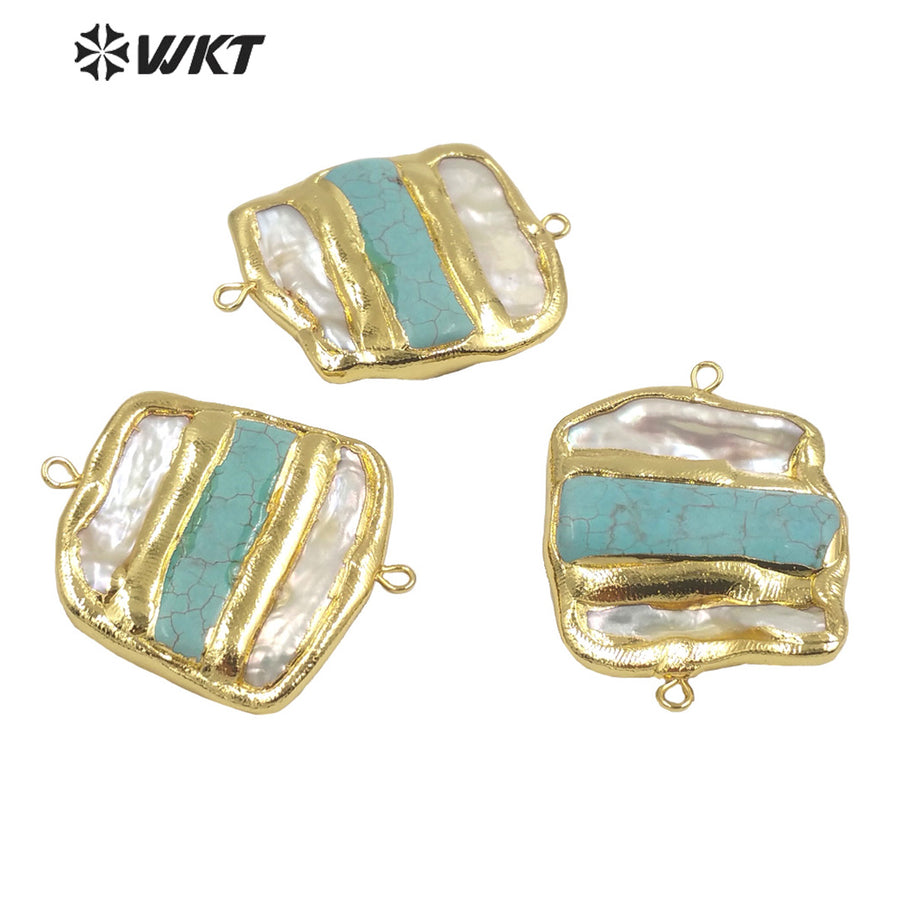 WT-JP286 WKT Noble While Pearl and GreenTurquoise Fashion Connector Double Hook Fine Pendants for Necklace Making