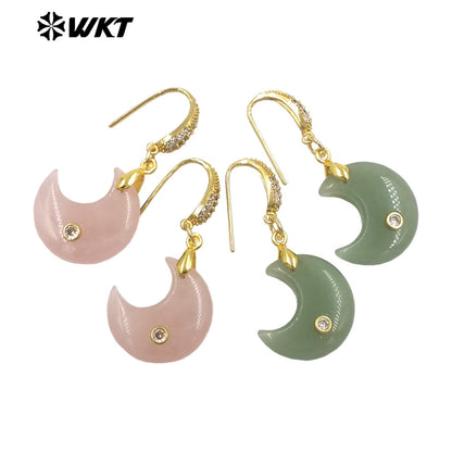 WT-E816 Lovely Style Zircon And Natural Gemstones Moon Shape Little Gold Pendant Earrings As Lady Daily Decorative Jewelry