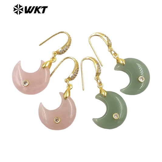 WT-E816 Lovely Style Zircon And Natural Gemstones Moon Shape Little Gold Pendant Earrings As Lady Daily Decorative Jewelry
