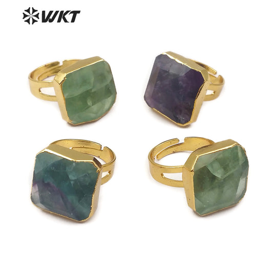 WT-R211 Natural rainbow Fluorite square Gemstone Rings, Fashion Raw Fluorite Stone Rings with 18K Gold Dipped