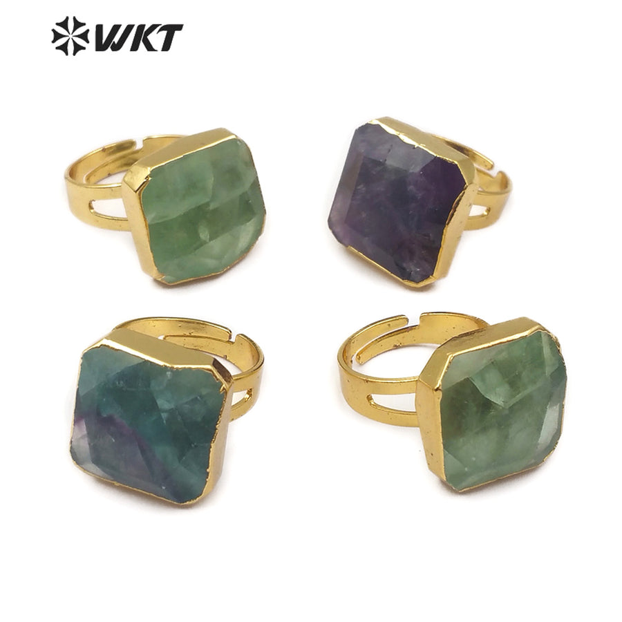 WT-R211 Natural rainbow Fluorite square Gemstone Rings, Fashion Raw Fluorite Stone Rings with 18K Gold Dipped
