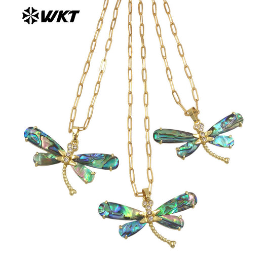 WT-JN336 Wonderful Exquisite Gold Plated Natural Abalone Shell Dragonfly Shape Necklace For Ladies Elegant Daily Wearing Jewelry