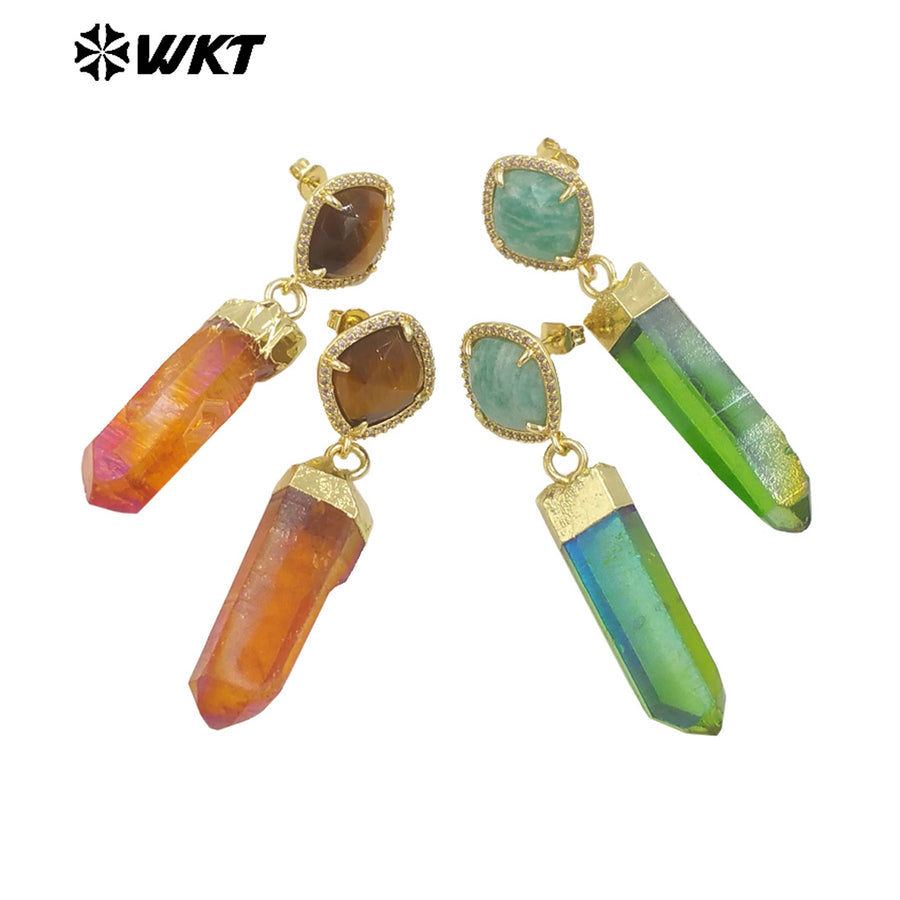 WT-E774 Explosive Models Small Zircon Round Aura Quartz and Gemstone 18K Gold Plated Long Earrings for Women As Anniversary Gift
