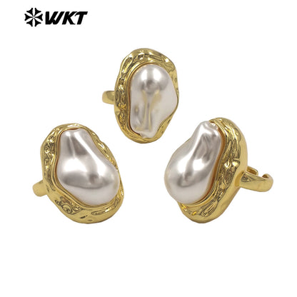 WT-MPR155 Fashion Luxury Gold Electroplated Irregular Artificial Pearl Adjustable Women Ring For Daily Wearing Jewelry