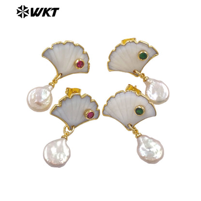 WT-MPE194 Luxury 18K Gold Plated Zircon And Shell Connect Natural Pearl Earrings For Women Vintage Trendy Jewelry Accessory