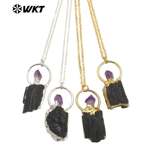 WT-N1467 Amazing Gold Plated Energy Healing Black Tourmaline With Amethyst Stone Pendant Necklace for Birthday Jewelry