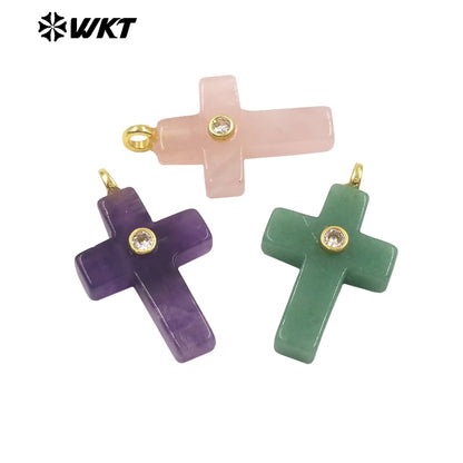 WT-P2110 High Quality Natural Gemstones Setting In Zircon Cross Shape Charms Pendants For Women Handmade Earrings Design