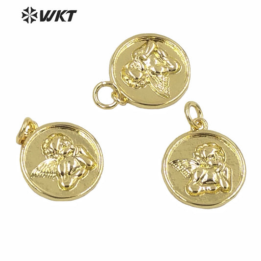 WT-MP190 Wholesale Round Tiny Gold Metal Angel Charms Pendant Hand Make Jewelry Findings Design God Angle Pendant