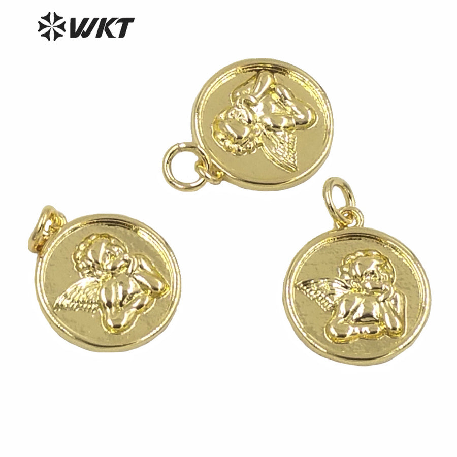 WT-MP190 Wholesale Round Tiny Gold Metal Angel Charms Pendant Hand Make Jewelry Findings Design God Angle Pendant