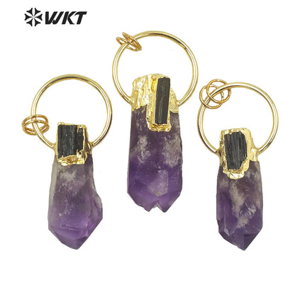 WT-P1624 Amazing Big Ring Decorated Natural Stone Amethyst Point Pendant With Black Tourmaline Women Fashion Gold Stone Pendant