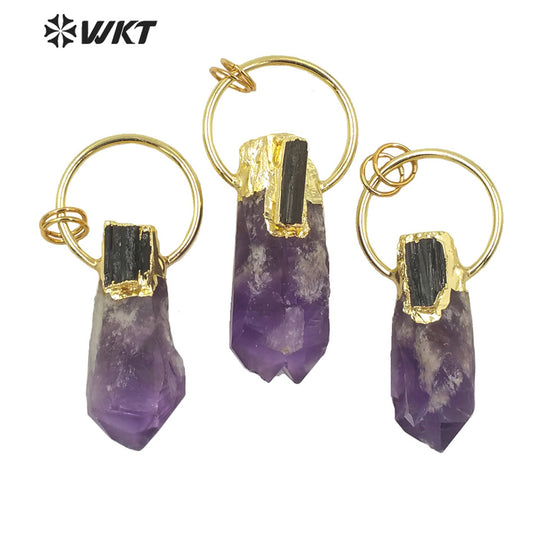 WT-P1624 Amazing Big Ring Decorated Natural Stone Amethyst Point Pendant With Black Tourmaline Women Fashion Gold Stone Pendant