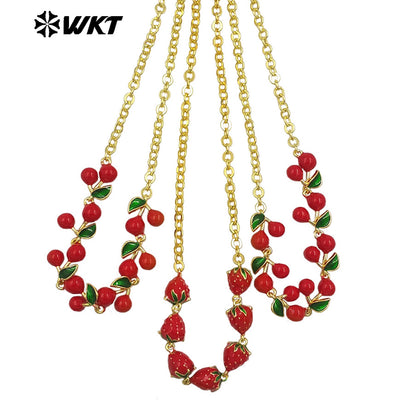 WT-JFN40 Wholesale Ladies Trendy Necklace Multi Cherries And Strawberries Yellow Brass With Drop Oil Anniversary Accessories