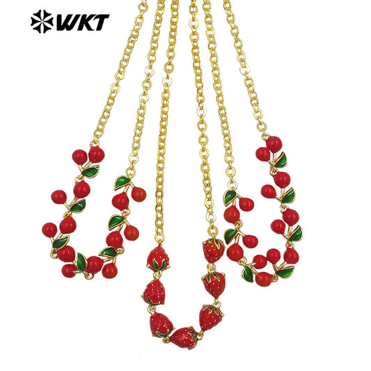 WT-JFN40 Wholesale Ladies Trendy Necklace Multi Cherries And Strawberries Yellow Brass With Drop Oil Anniversary Accessories