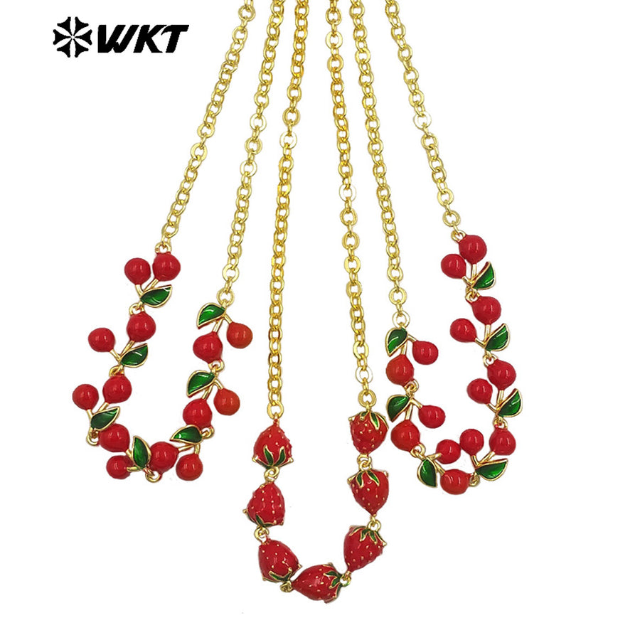 WT-JFN40 Wholesale Ladies Trendy Necklace Multi Cherries And Strawberries Yellow Brass With Drop Oil Anniversary Accessories
