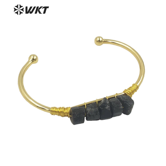 WT-B595 WKT Exclusive Natural Black Tourmaline Stone Bangle Opening Adjustable Gold Bracelet Party Gift Jewelry Bangle
