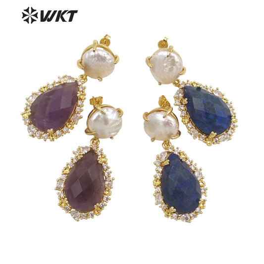 WT-E698 Unique Micropaved Gold Bezel Cubic Zircon Natural Teardrop Stone Pearl Earrings Gorgeous Drop Turquoise Stud Earrings