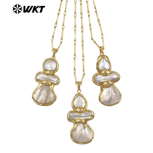 WT-JN344 Exquisite Gold Electroplated Natural Freshwater Pearl And Shell Gourd Shape Pendant Necklace For Unique Jewelry Gift