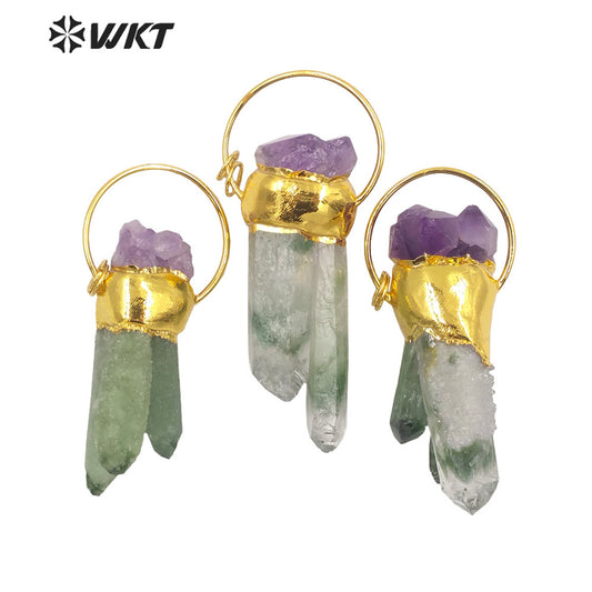 WT-P1694 Amazing Fashion Gold Plated Green Crystal Quartz Stone Pendant Women Natural Cluster Druzy Quartz Pendant for Necklace