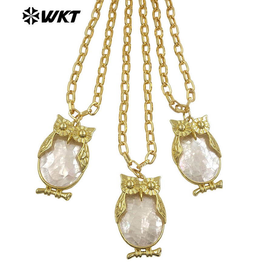 WT-JN337 Excellent Lovely Style Jewelry 18K Gold Plated Natural Shell Owl Shape Pendant Necklace For Trend Birthday Gift