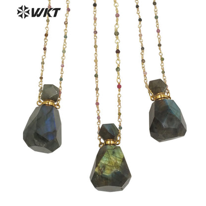 WT-N1268 WKT Precious 18 Inch Long rainbow Tourmaline Chain Perfume Bottle Necklace High Flash Labradorite Bottle Necklaces