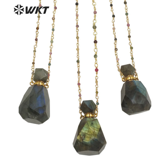 WT-N1268 WKT Precious 18 Inch Long rainbow Tourmaline Chain Perfume Bottle Necklace High Flash Labradorite Bottle Necklaces