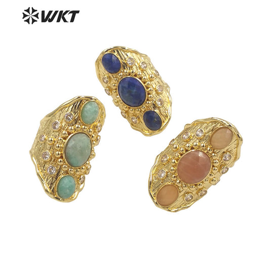 WT-MR025 Trendy Vintage Design Colorful Natural Zircon and Stone Simple and Elegant 18k Gold Plated for Women Gifts Ring