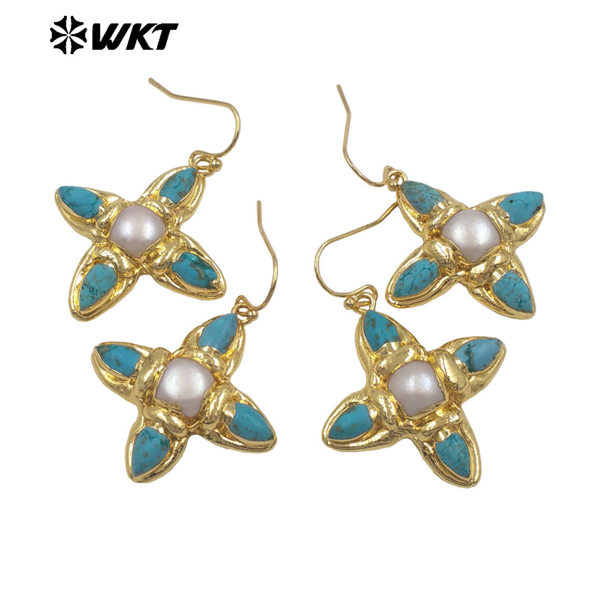 WT-E803 Exclusive Design Back Full Gold Plated Protruding Natural Turquoise And Pearl Cross Earrings As Unique Jewelry Accessory