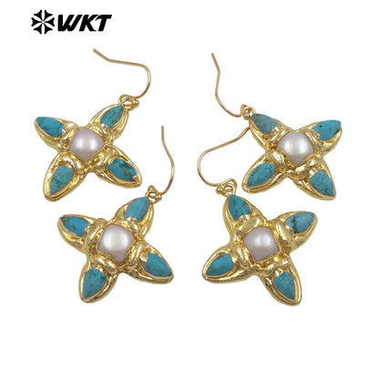 WT-E803 Exclusive Design Back Full Gold Plated Protruding Natural Turquoise And Pearl Cross Earrings As Unique Jewelry Accessory