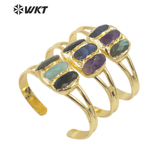 WT-B609 2022 Pastoral Three-color Gemstone Bangles C-shaped Opening Bangles Temperament 18k Gold-plated Natural Stone Bangles