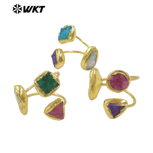 WT-MPR117 New Product Special 18K Gold Plated Pearl Druzy Quartz Triangle Diamond Ring for Men and Women As Daily Decoration