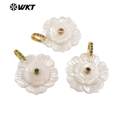 WT-JP476 Exquisite Elegant Design White Shell And Zircon Hand Carved Flower Shape Little Pendants As Lady Earrings DIY Findings
