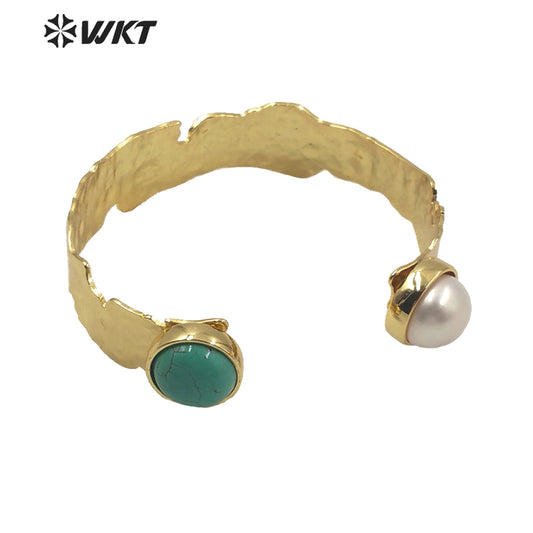 MPB019 WKT Exclusive Gold Electroplated Double Stone Bangle Irregular Hot Sales Chunky Brass Bangle With Two Sone Gift Bangle