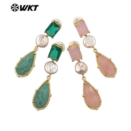 ME121 Wholesale Gold Plated Women Gemstones Earrings Jewelry Natural Amazonite Stone WaterBDrop Shape Romantic Ladies Gift