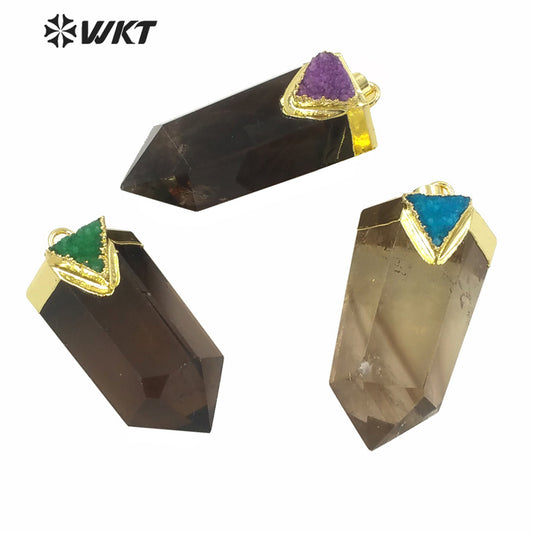 WT-P1609 WKT New Design Wholesale Natural Smoky Quartz Pendant Women Gold Hexagonal Quartz with Druzy Charm Pendant
