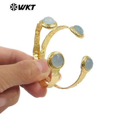 WT-B650 Newest Design Fashion 18K Real Gold Plated Resist Tarnishable Double Round Labradorite Stone Open Size Women Bangle