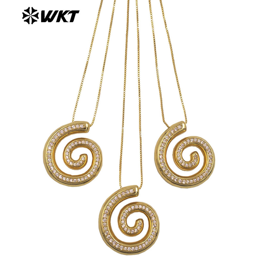WT-JFN62 New Product Thin Chain Gold Plated Yellow Brass And Zircon Spiral Shape Pendant Necklace As Girls Birthday Gift