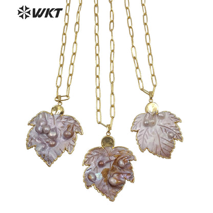 WT-JN119 Natural Mother of Pearl Carved Leaf Pendant Necklace Women Elegant Charm Jewelry Mother of Pearl Necklace
