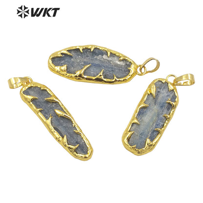 WT-P1961 Wholesale Fashion Gold Plated Boho Raw Stone Handmade Welding Unique Blue Kyanite Jewelry Pendants