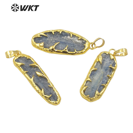 WT-P1961 Wholesale Fashion Gold Plated Boho Raw Stone Handmade Welding Unique Blue Kyanite Jewelry Pendants