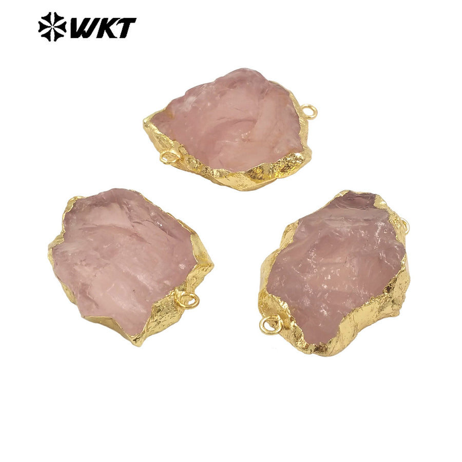 WT-C332 WKT New Arrival Natural Rose Quartz With Gold Plated Connector Pendant for Lady DIY Making Jeweley