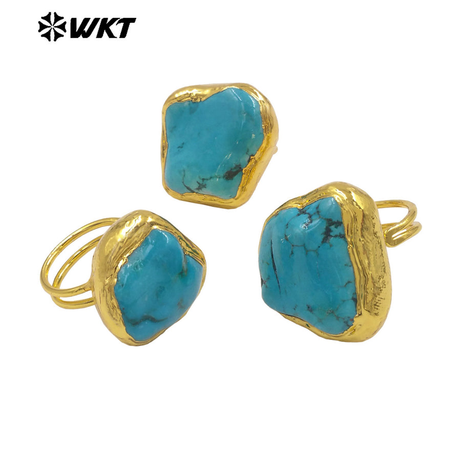 WT-R579 Vintage Fashion Gold Plated Natural Green Turquoise Irregular Stone Women Rings As Dance Party Wearing Jewelry