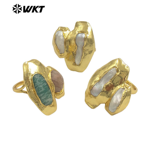 WT-MPR131 Wholesale Newest Design Fashion 18K Real Gold Plated Double Stone and Pearl Women Ring for Office Daily Styles