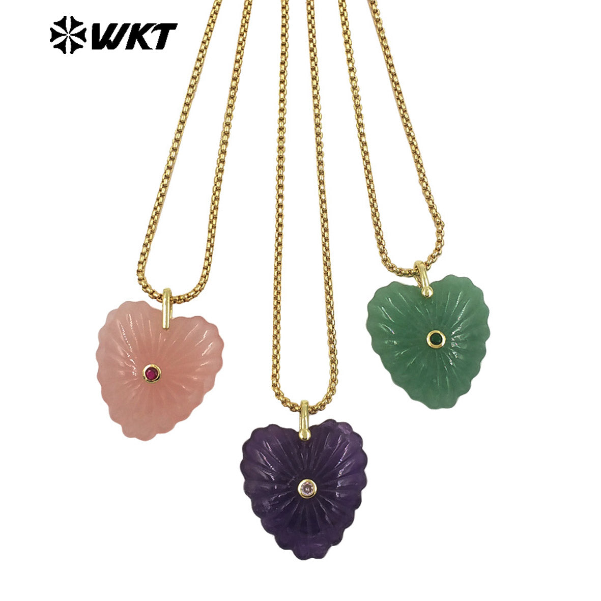 WT-N1524 Romantic Design Gold Chain And Various Natural Gemstones Carved Heart Shape Pendant Necklaces As Valentines’s Day Gift
