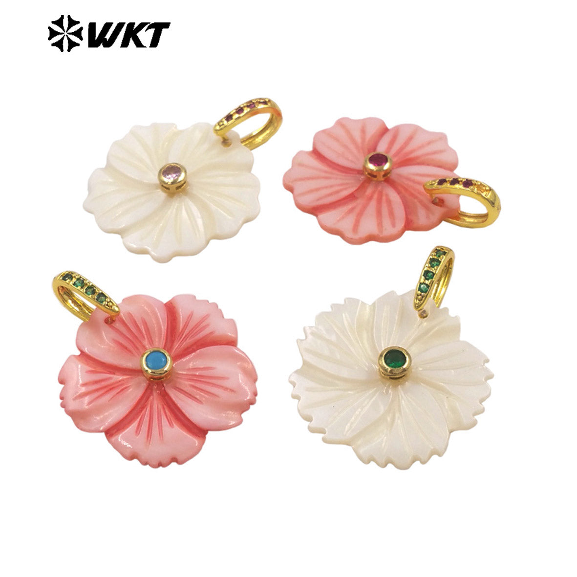 WT-JP477 Fashion Cute Style White And Pink Natural Shell With Zircon Hand Carved Multi Flower Shape Pendants For Necklace DIY