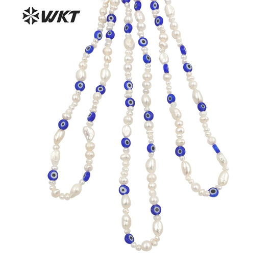 WT-JN209 Unique Exclusive Design Gorgeous Blue Eye Beads Necklace Popular Freshwater Pearl Choker Necklace with Locker